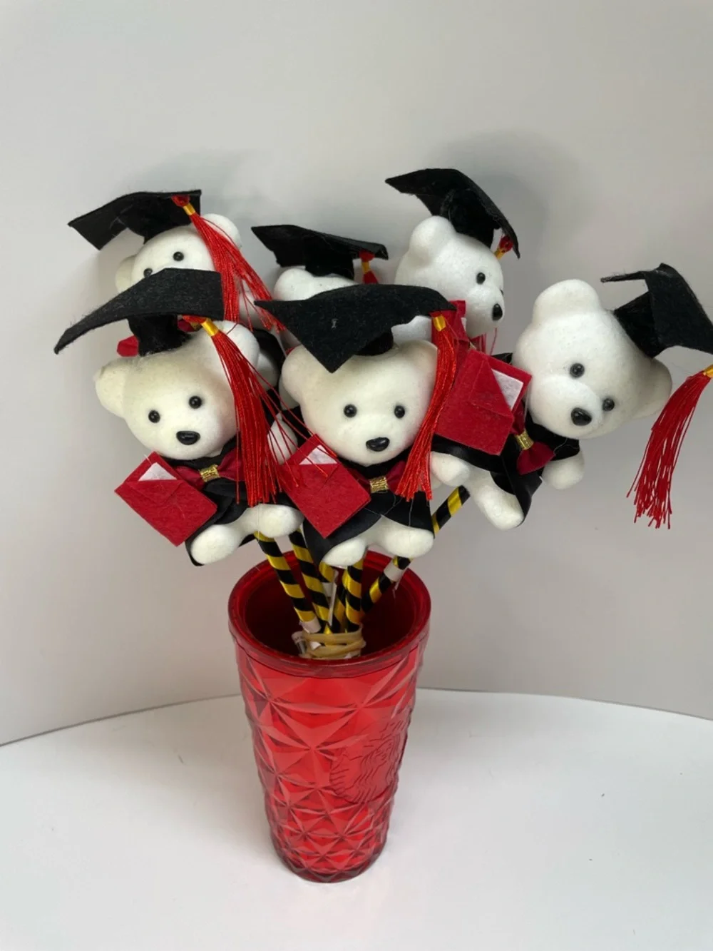 Graduation Bear Pens White Bears with Black Caps & Red Accents 1 for $10